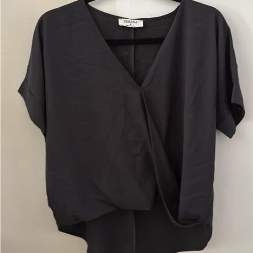 Zenana Outfitters Black Asymmetrical Wrap Blouse